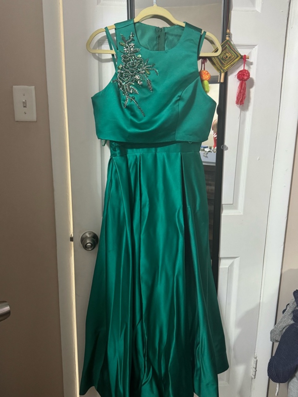 Emerald Satin Two-Piece Formal Dress with Beaded Accent